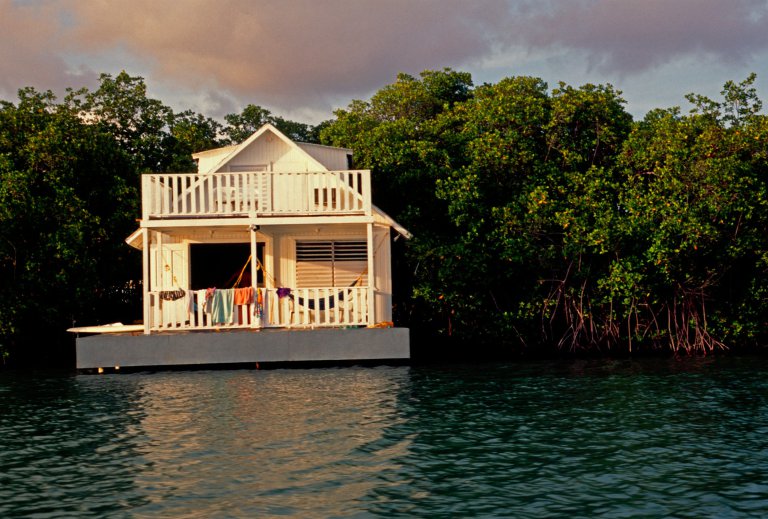 AKJHF8 Floating home near mangrove islets in Phosphorescent Bay La Parguera Puerto Rico West Indies