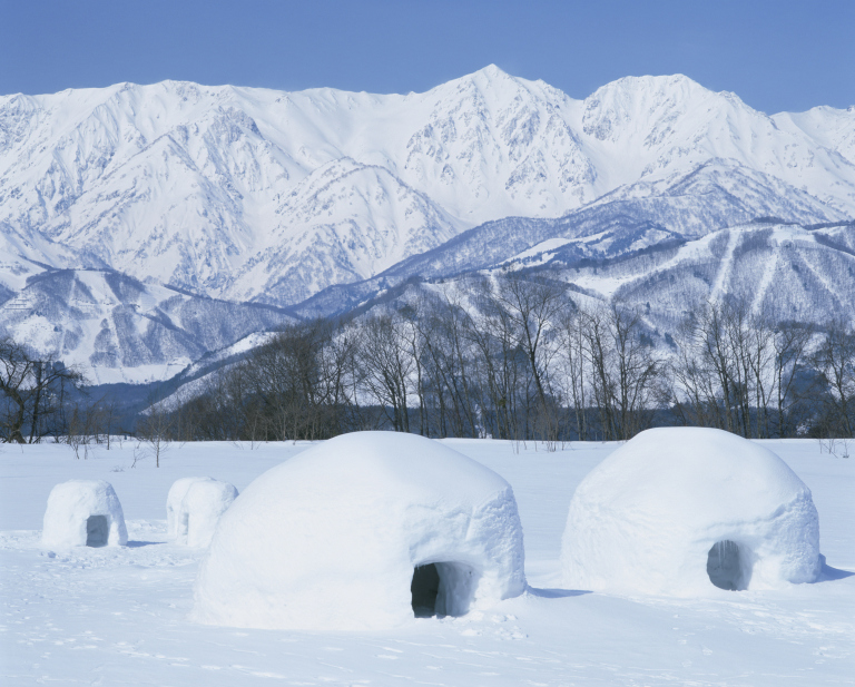 Japan, Nagano Prefecture, Igloos on snow covered landscape