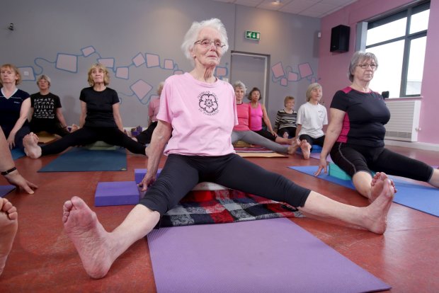 Picture: Lorne Campbell / Guzelian Jean Dawson of Cottlngley, near Bingley, West Yorkshire, who celebrated her 100th birthday at the weekend (20 February). She attends a weekly Yoga class in nearby, Shipley. WORDS BY GUZELIAN A 100-year-old great grandmother is still a picture of health thanks to over 30 years of dedication to yoga. Jean Dawson, from Cottingley, West Yorkshire, has been bended and twisting her body almost every single week for the past three decades. ìI must have good genes,î explained Mrs Dawson, who has five grandchildren and two great grand children. ìI really enjoy doing yoga. It has really changed my life and has helped cure aches and pains. I use to have trouble from a slipped disc in my back but doing yoga really helped me cope with it.