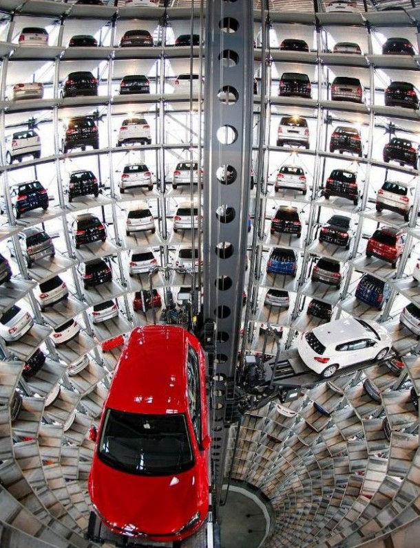 A PARKING TOWER AT THE VOLKSWAGEN FACTORY IN WOLFSBURG