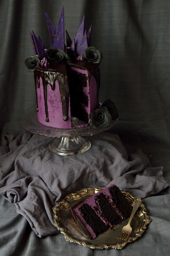 A bleeding, purple layer cake.