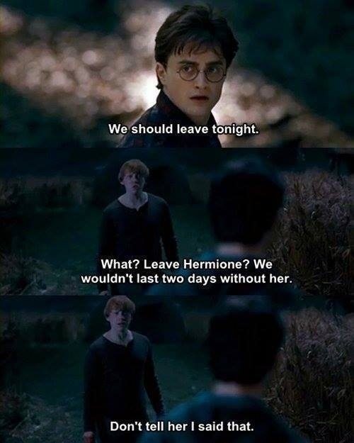 "Powinniśmy dziś wyruszyć. / Co? Zostawić Hermionę? Nie przetrwalibyśmy dwóch dni bez niej. / Nie mów jej, że to powiedziałem." / tumblr.com