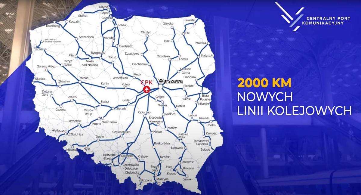Mapa planowanych linii kolejowych w ramach CPK, screen z YouTube