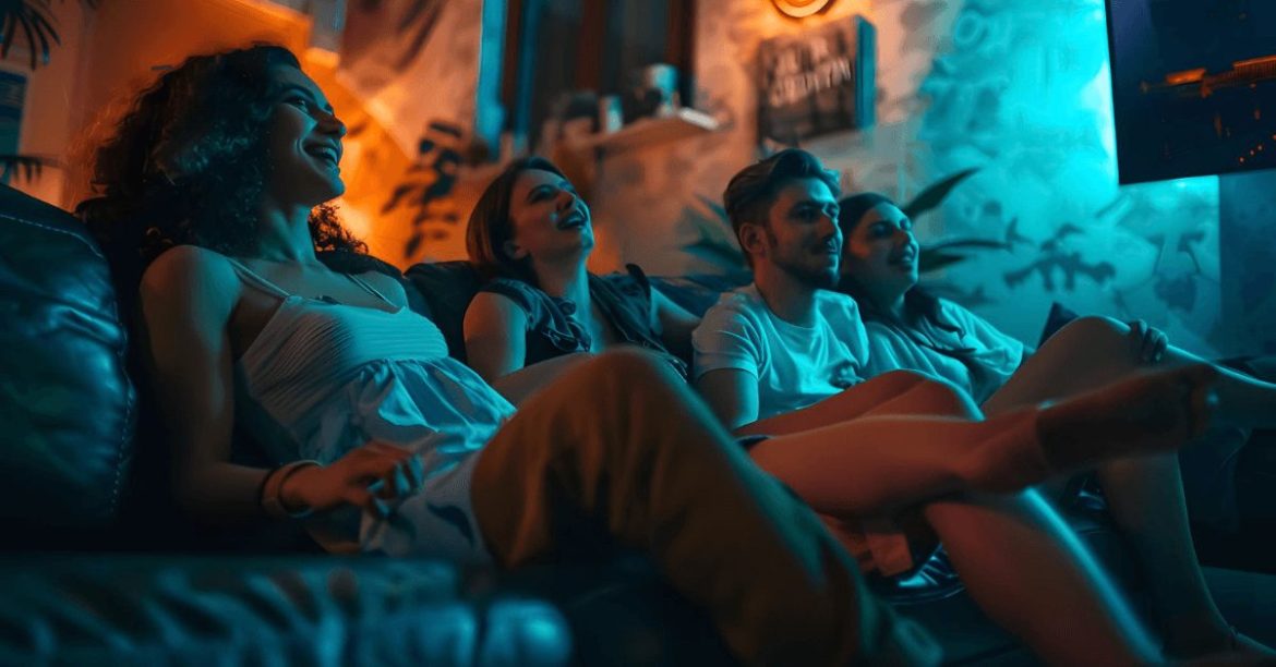 przyjaciele oglądający film w domu